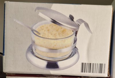 Edelstahl Zuckerdose / Schale mit Glas, Deckel und Löffel–Neu&OVP